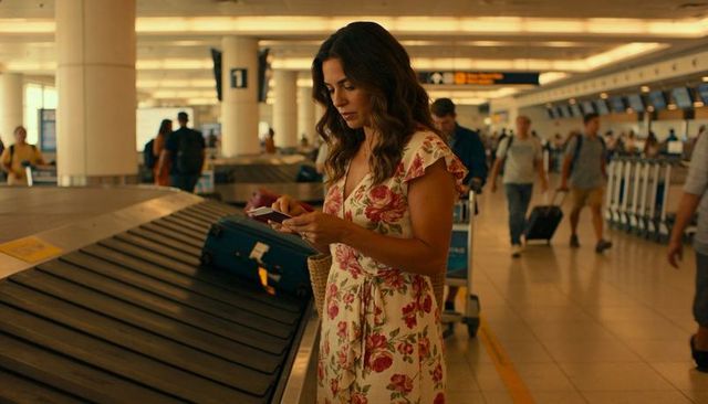 Woman checking passport and phone at busy baggage claim in airport terminal with suitcase