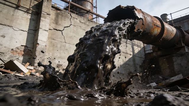 Ruptured rusted pipe pouring thick black sludge at abandoned industrial plant oil spill