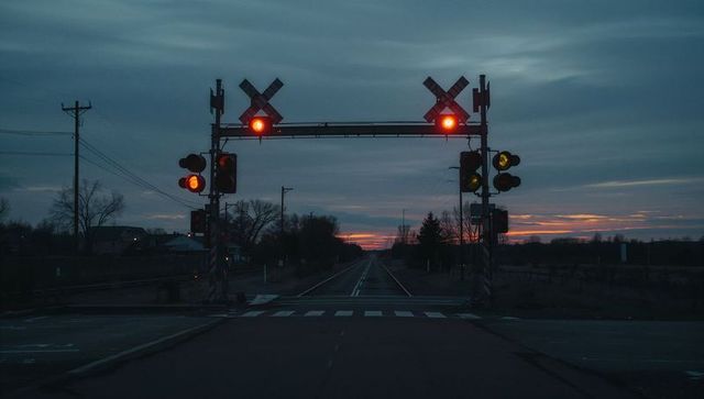 Twilight railroad crossing with safety signals and dusk sky