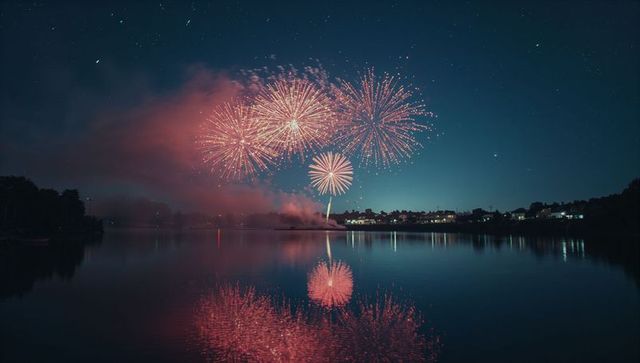 Brilliant fireworks display over serene night lake reflection