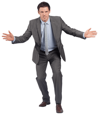 Transparent Businessman Standing with Arms Out, Expressive Gesture