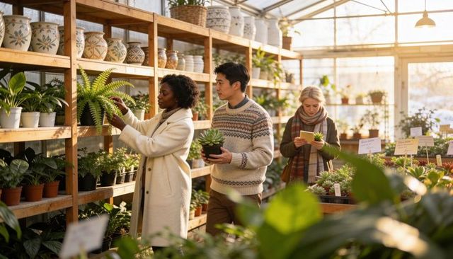 Customers browsing sunlit greenhouse, inspecting ferns and succulents on wooden shelves