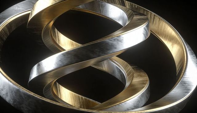 Interlocking Brushed Gold and Silver Twisted Ribbons Abstract Sculpture with Rim Light