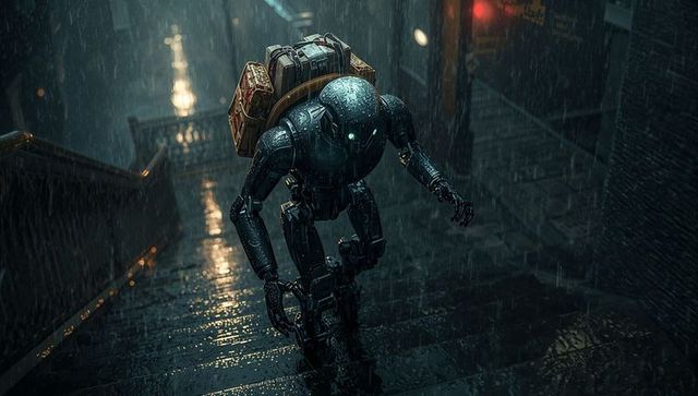 Climbing humanoid robot courier hauling luggage up rain-slicked stairway under neon lights