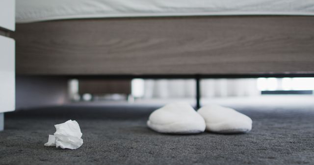 Crumpled Tissue Next to White Slippers on Bedroom Floor - Download Free Stock Images Pikwizard.com