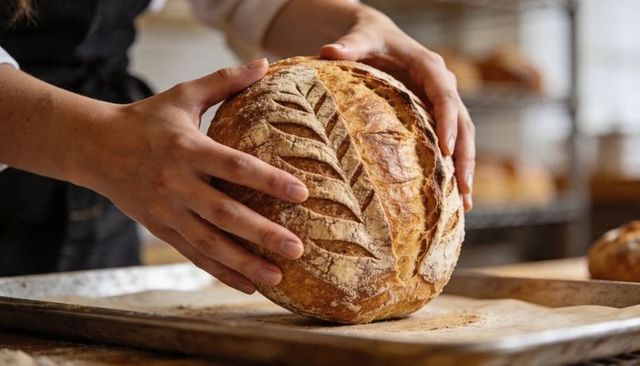 Hands holding crusty sourdough loaf with decorative leaf scoring on baking tray