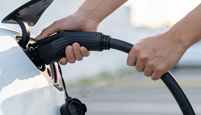 Hands plugging ev charger into white electric car charging port close-up with cable and cap