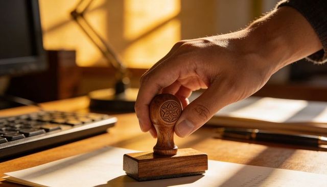 Hand Pressing Wooden Seal Stamp on Document in Warm Sunlight Office Desk Closeup