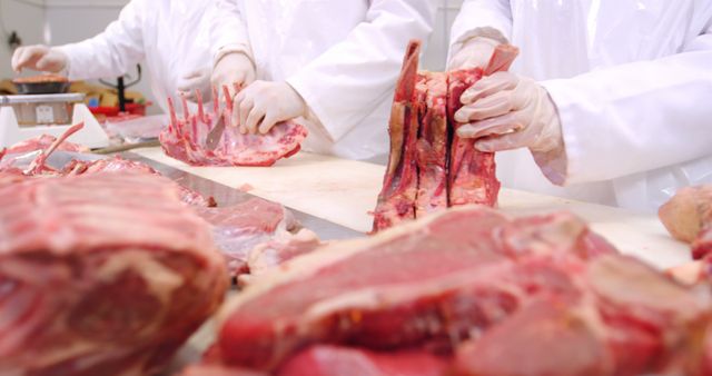 Butchers Processing Meat with Expertise at Factory - Download Free Stock Images Pikwizard.com