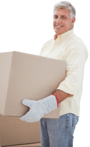 Smiling mature man holding box on white background for transparent use