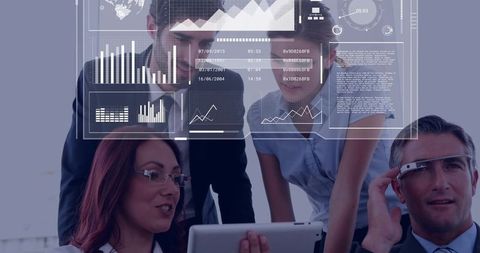 Business Team Collaborating with Tablet and AR Glasses Viewing Holographic Data Dashboard