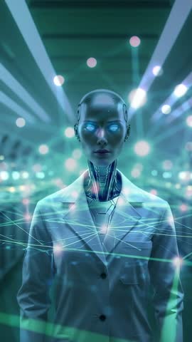 Labcoat robot booting and syncing network corridor with glowing data orbs, futuristic AI