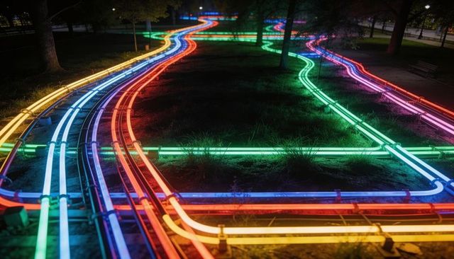 Winding neon light trails creating colorful pathways through urban park at night