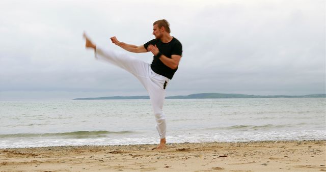 Martial artist practicing kick on sandy beach with ocean in the background, engaged in outdoor fitness. Useful for material on martial arts, fitness motivation, exercising outdoors, and healthy lifestyles.