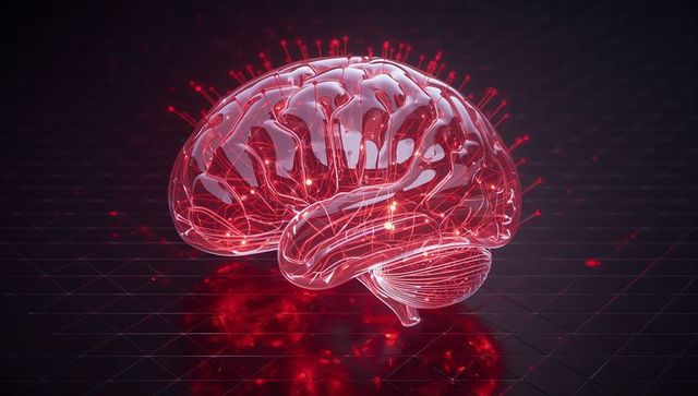 Floating holographic brain visualizing neural network with luminous crimson connections