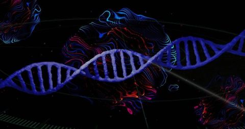 Futuristic DNA Helix with Neon Waveforms in Digital Space