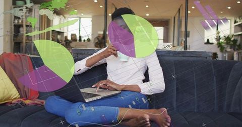 Remote work woman sipping coffee typing on laptop with data and infographic overlays