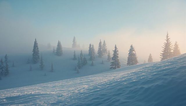 Tranquil Winter Morning in Snowy Pine Forest