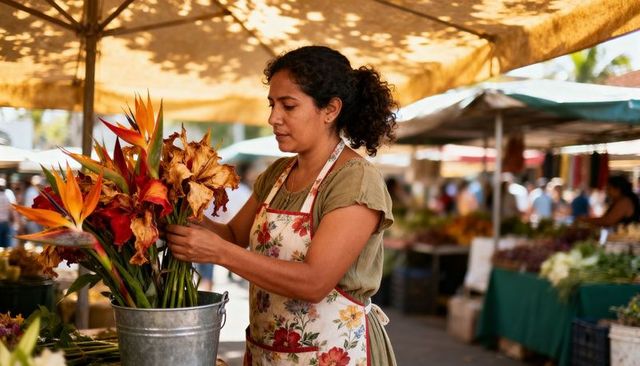 Woman arranging tropical bird of paradise bouquets at sunny outdoor farmers market stall