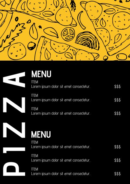 Bright and appealing, this pizza-themed menu template showcases bold yellow graphics and creative illustrations. Ideal for pizzerias, restaurants, and cafes, it provides a lively and modern way to present meal options. Themes colors attract attention and make listings stand out, making it suitable for both digital and printed menus.