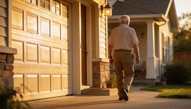 Senior man walking home on suburban driveway during golden hour sunlight, back view