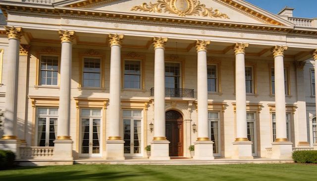 Grand neoclassical mansion facade featuring gold-accented columns and arched entrance
