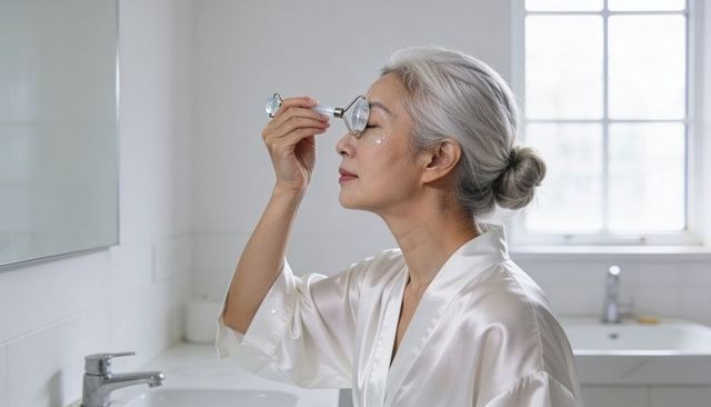 Mature asian woman rolling metal facial roller under-eye with hydrogel patches in bathroom