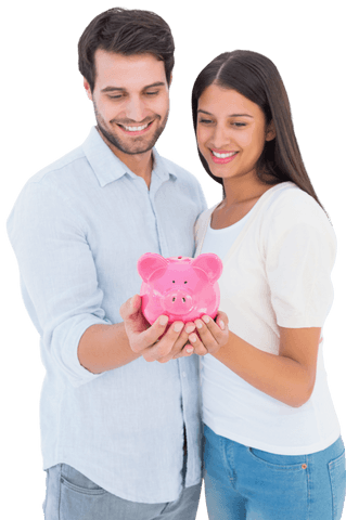 Smiling Couple Holding Pink Piggy Bank Transparent Background