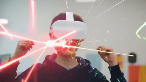 Boy Experiencing Virtual Reality with Futuristic Interface Elements
