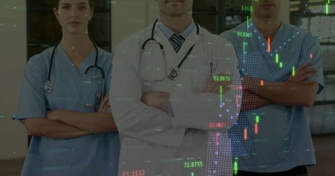 Medical Professionals with Digital Healthcare Data Analysis Overlay
