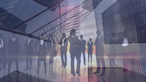 Cityscape with Business Figures and Technology Concept Overlay