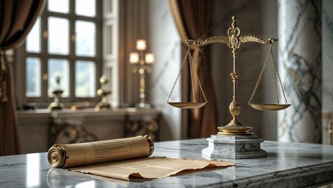 Ornate scales of justice on marble surface in luxurious office, criminal record justice theme