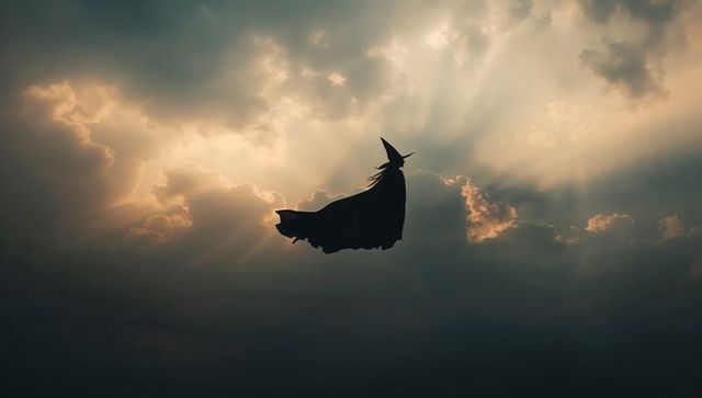 Witch Silhouette Flying Against Sunlit Clouds