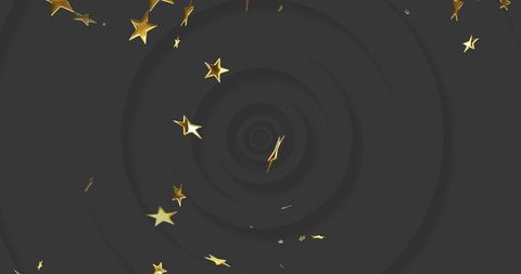 Tumbling gold stars orbiting dark spiral vortex, metallic confetti motion for luxury celebration