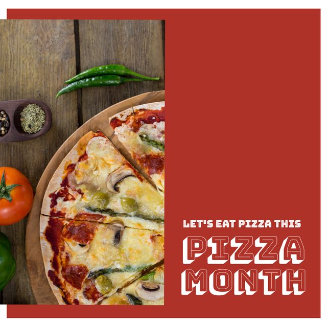 Composite of pizza with herb, green chili, tomato on table and let's eat pizza this pizza month text. Copy space, slice, pizza, food, enjoyment and celebration concept.