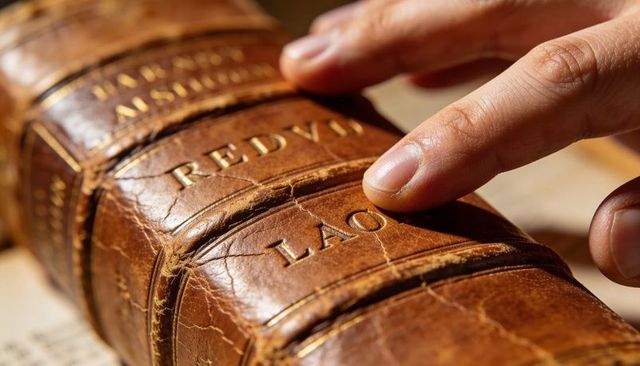 Pointing Finger Touching Antique Leather Book Spine with Gold Letters, Cracked Patina