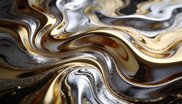 Flowing gold and silver swirls glossy metallic abstract background for luxury design