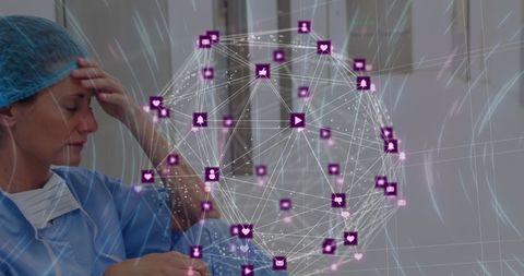 Tired Female Surgeon with Digital Network Overlay