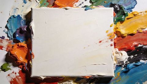 Blank primed canvas resting on vibrant palette knife paint strokes for creative mockup