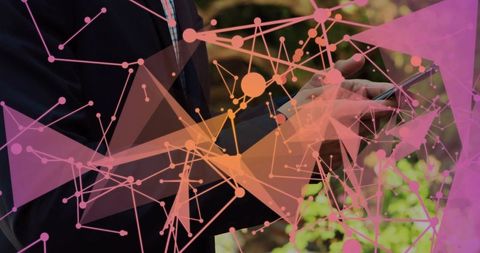 Executive tapping smartphone with abstract pink-orange network overlay in garden