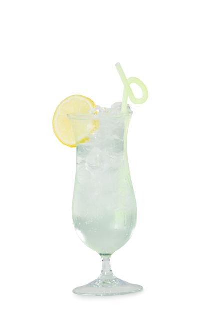 Refreshing lemon cocktail with ice and a straw in a clear glass. Perfect for summer themes, beverage advertisements, party invitations, and tropical drink menus.