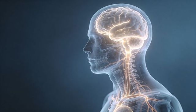 Translucent human head and torso showing glowing brain and spinal cord neural pathways