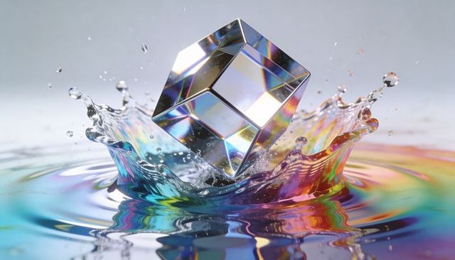 Prismatic Glass Cube Splashing Into Rainbow Water Creating Iridescent Splash Crown