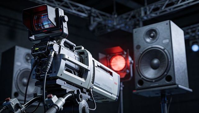 Broadcast camera on heavy tripod recording in studio with red spotlight and large speaker monitors
