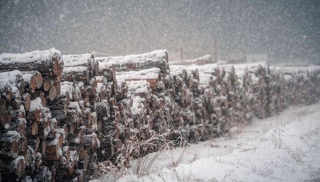 Snow-covered stacked logs lining rural yard, falling snow, receding timber pile