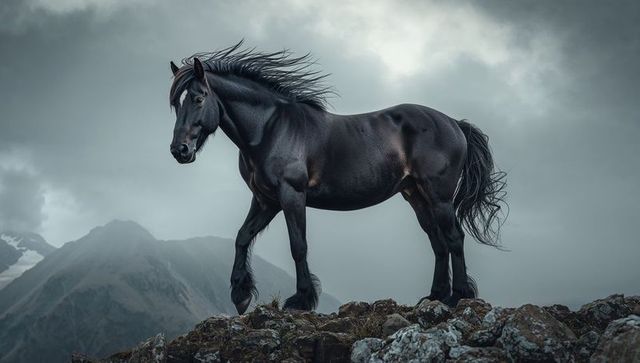 Windswept black horse standing on rocky alpine ridge, misty peaks and dramatic sky