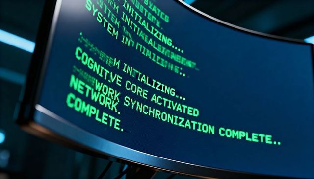 Curved monitor showing green terminal text ai network initializing in datacenter