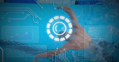 Futuristic front crawl swimming with hud overlays