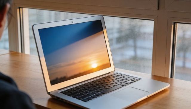 Sunset reflection on laptop screen on wooden desk by window for remote work and relaxation