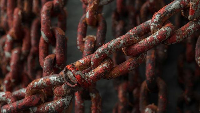 Rusted red chain links with flaking paint and gray primer closeup for industrial texture